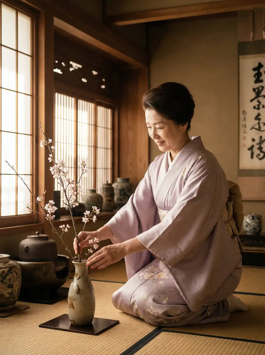 一位优雅的 持月真由 在和室中插花